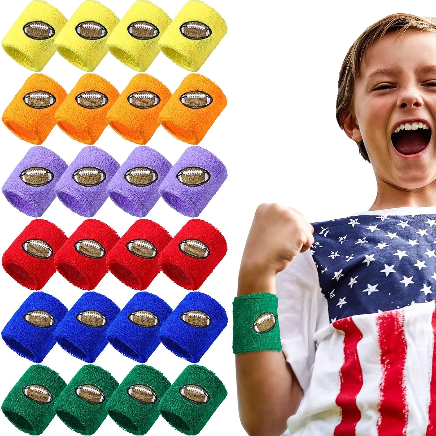 24 Pieces Kids Sports Wristbands 6 Colors Football Sports Party Favor Colorful Wrist Sweatbands Cloth Wristbands for Birthday Party Sports Party