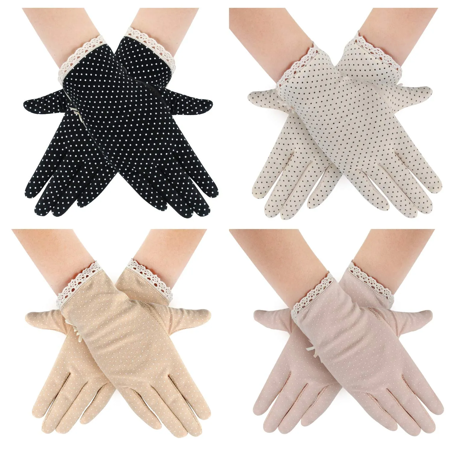 4 Pairs Summer Women Dots Sun Uv Protection Gloves Cotton Lace Anti-skid Driving Gloves