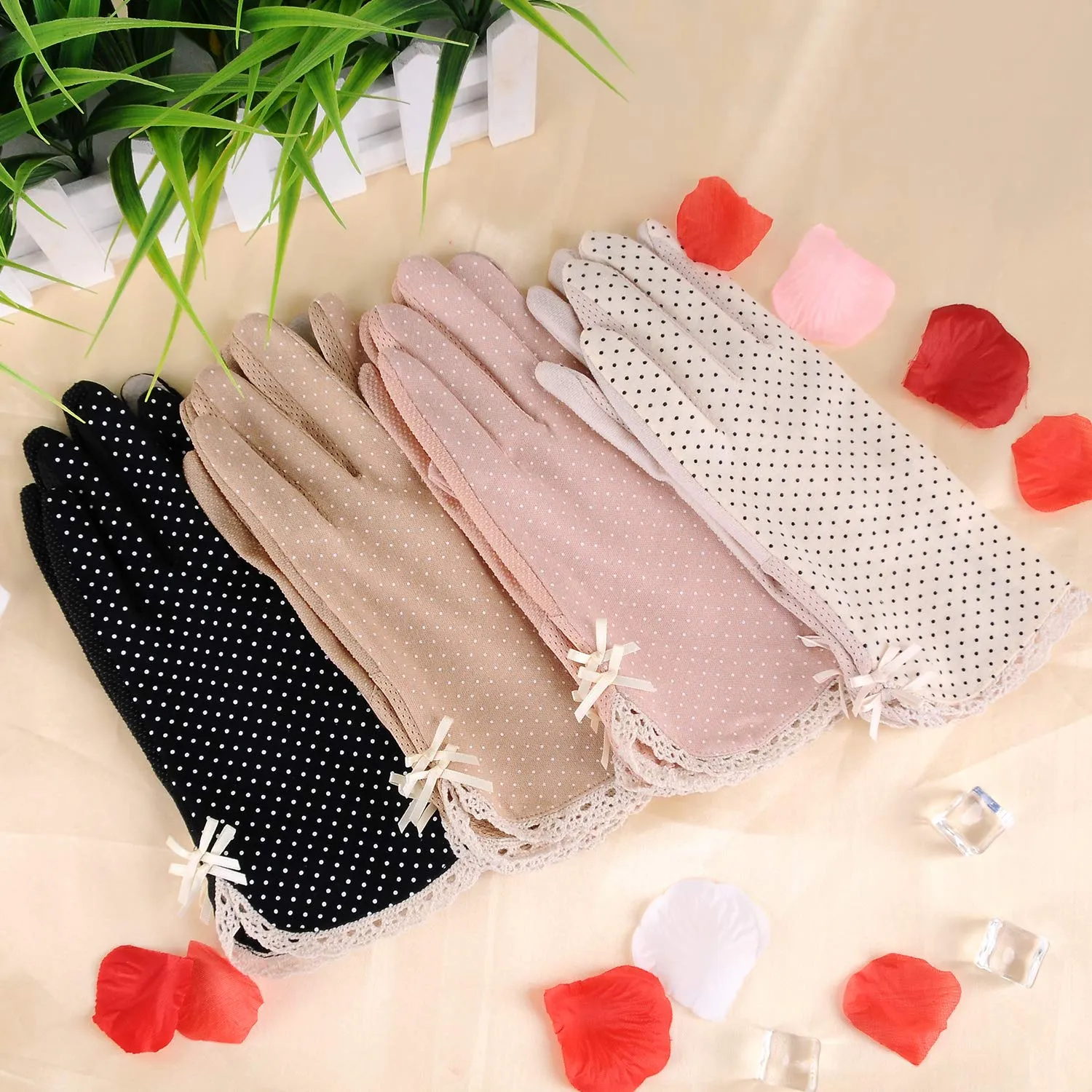 4 Pairs Summer Women Dots Sun Uv Protection Gloves Cotton Lace Anti-skid Driving Gloves