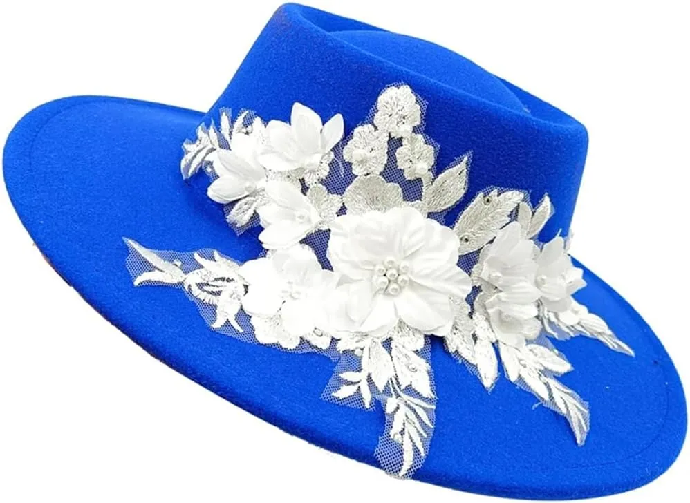 9.5Cm Embroide Three-Dimensional Flower Fedora Women's Jazz Hat Spring and Autumn Panama French Fedora