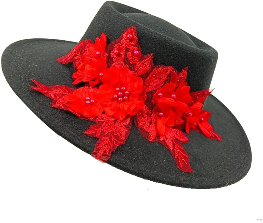 9.5Cm Embroide Three-Dimensional Flower Fedora Women's Jazz Hat Spring and Autumn Panama French Fedora