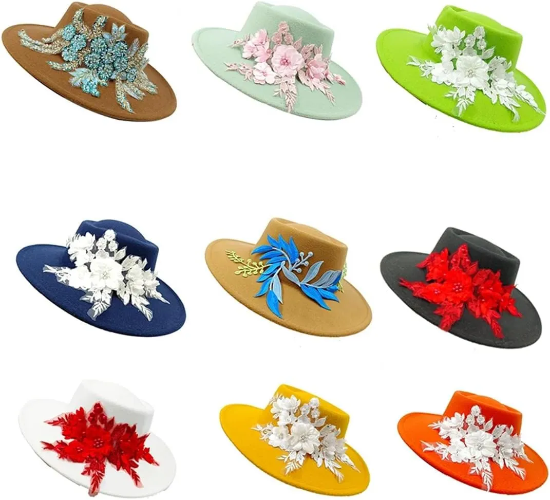 9.5Cm Embroide Three-Dimensional Flower Fedora Women's Jazz Hat Spring and Autumn Panama French Fedora