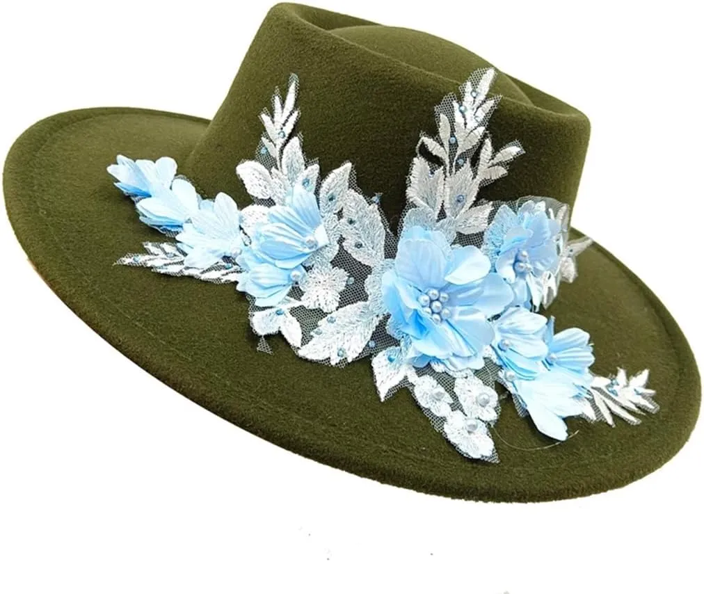 9.5Cm Embroide Three-Dimensional Flower Fedora Women's Jazz Hat Spring and Autumn Panama French Fedora
