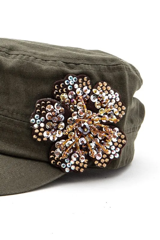 Beaded 3D Flower Statement Cadet Cap