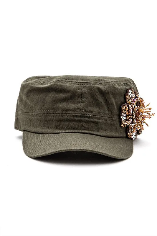Beaded 3D Flower Statement Cadet Cap