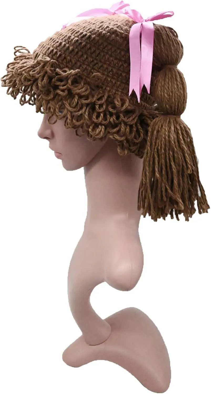 BIBITIME Knitted Pigtail Wig Beanie Handmade Women Girl's Braid Hat Bowknot Cap