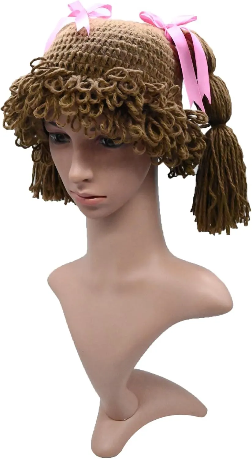 BIBITIME Knitted Pigtail Wig Beanie Handmade Women Girl's Braid Hat Bowknot Cap