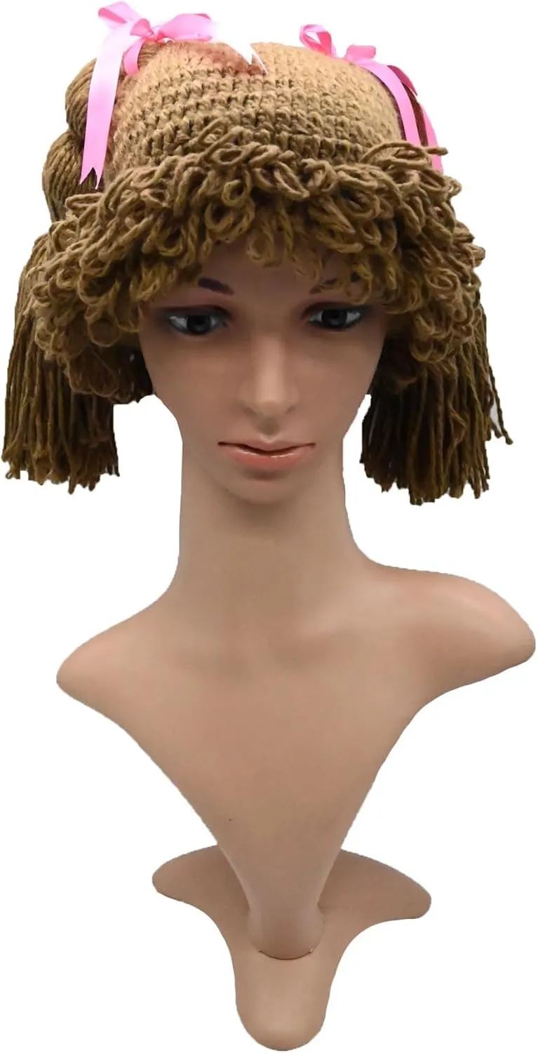 BIBITIME Knitted Pigtail Wig Beanie Handmade Women Girl's Braid Hat Bowknot Cap