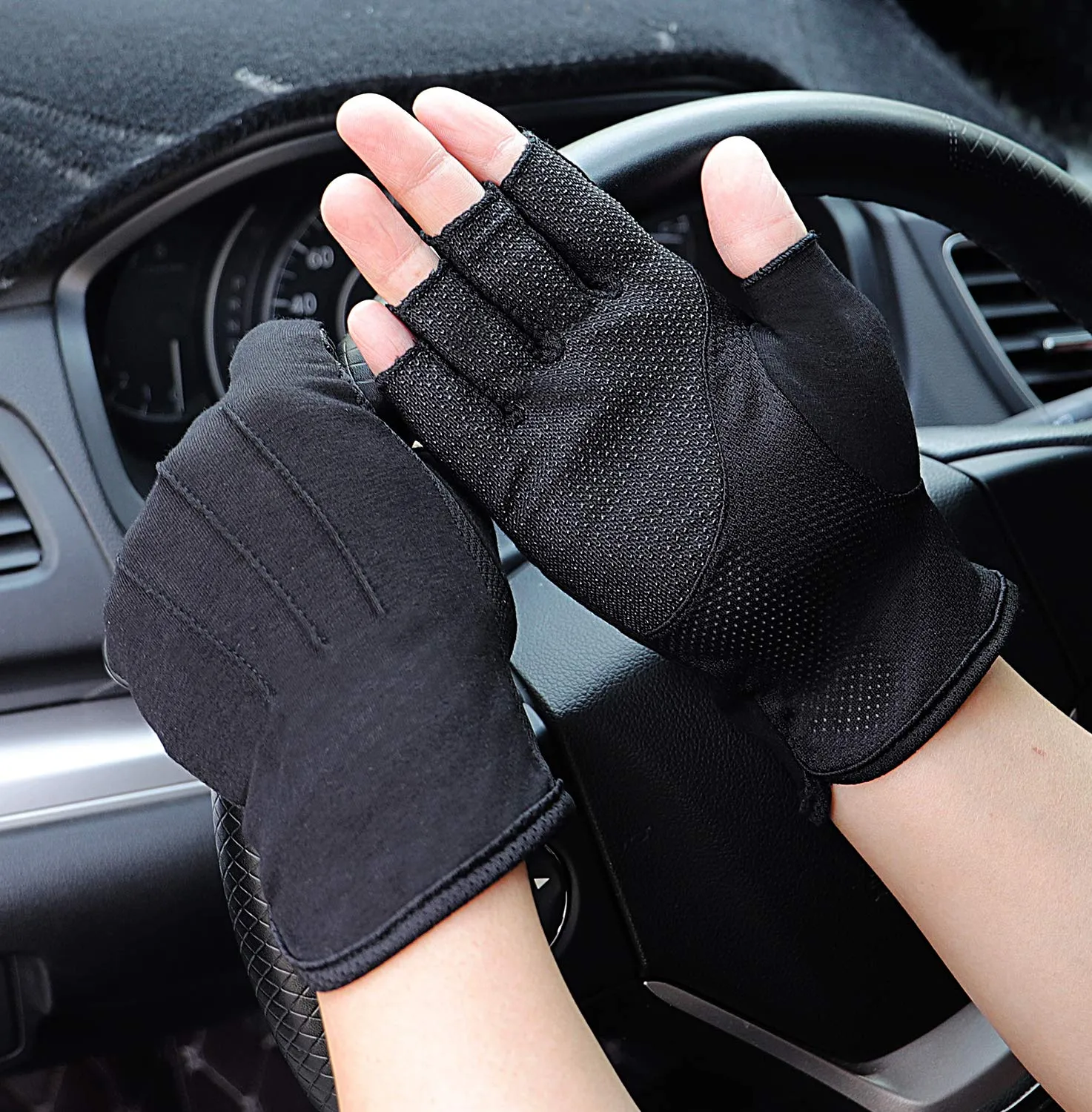Bienvenu Mens Summer UV Protection Half Finger Outdoor Hiking Driving Cycling Riding Cotton Breathable Sunblock Gloves Black