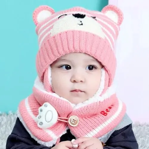 Cartoon Bear Striped Knit Woolen Scarf Cap for Baby