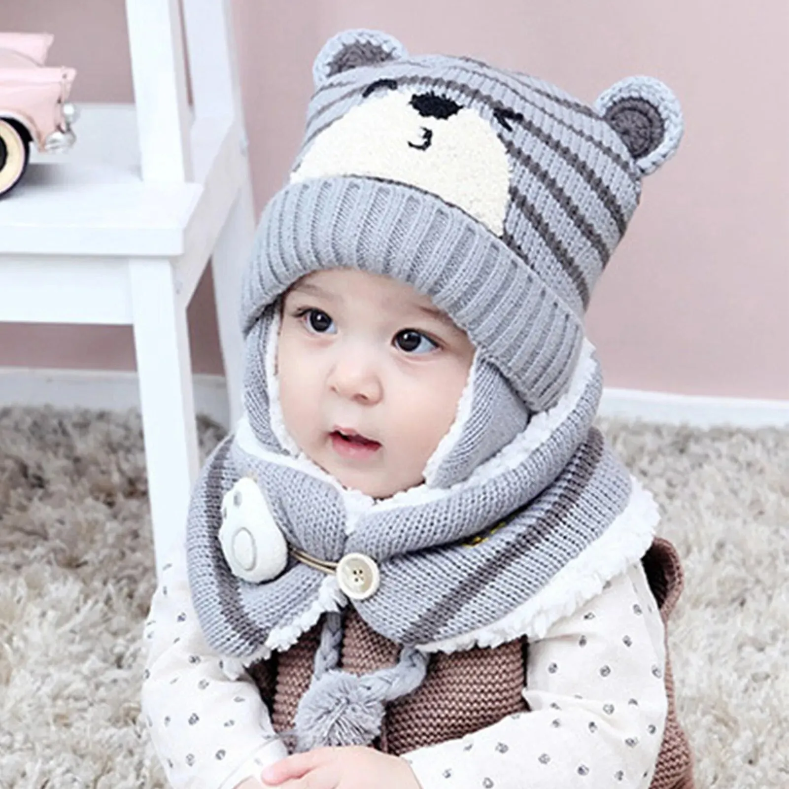 Cartoon Bear Striped Knit Woolen Scarf Cap for Baby