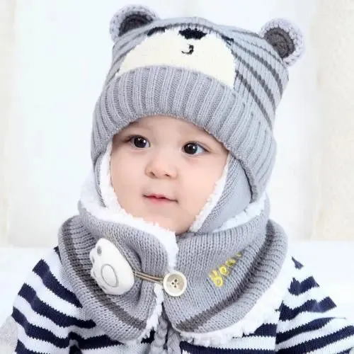 Cartoon Bear Striped Knit Woolen Scarf Cap for Baby