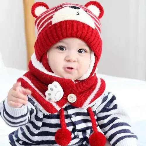 Cartoon Bear Striped Knit Woolen Scarf Cap for Baby