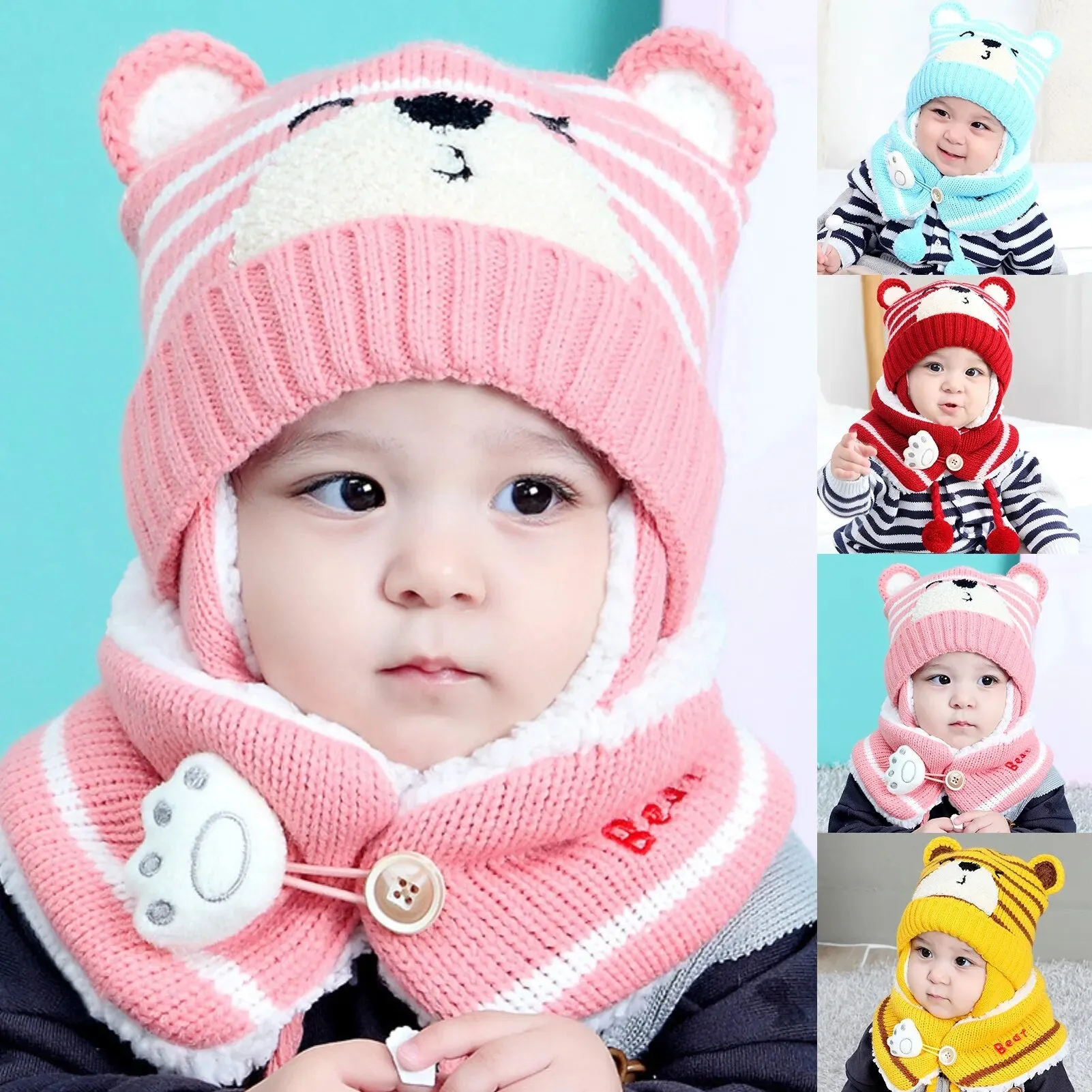 Cartoon Bear Striped Knit Woolen Scarf Cap for Baby