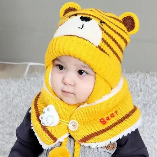 Cartoon Bear Striped Knit Woolen Scarf Cap for Baby