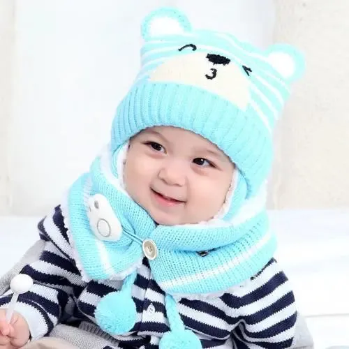 Cartoon Bear Striped Knit Woolen Scarf Cap for Baby