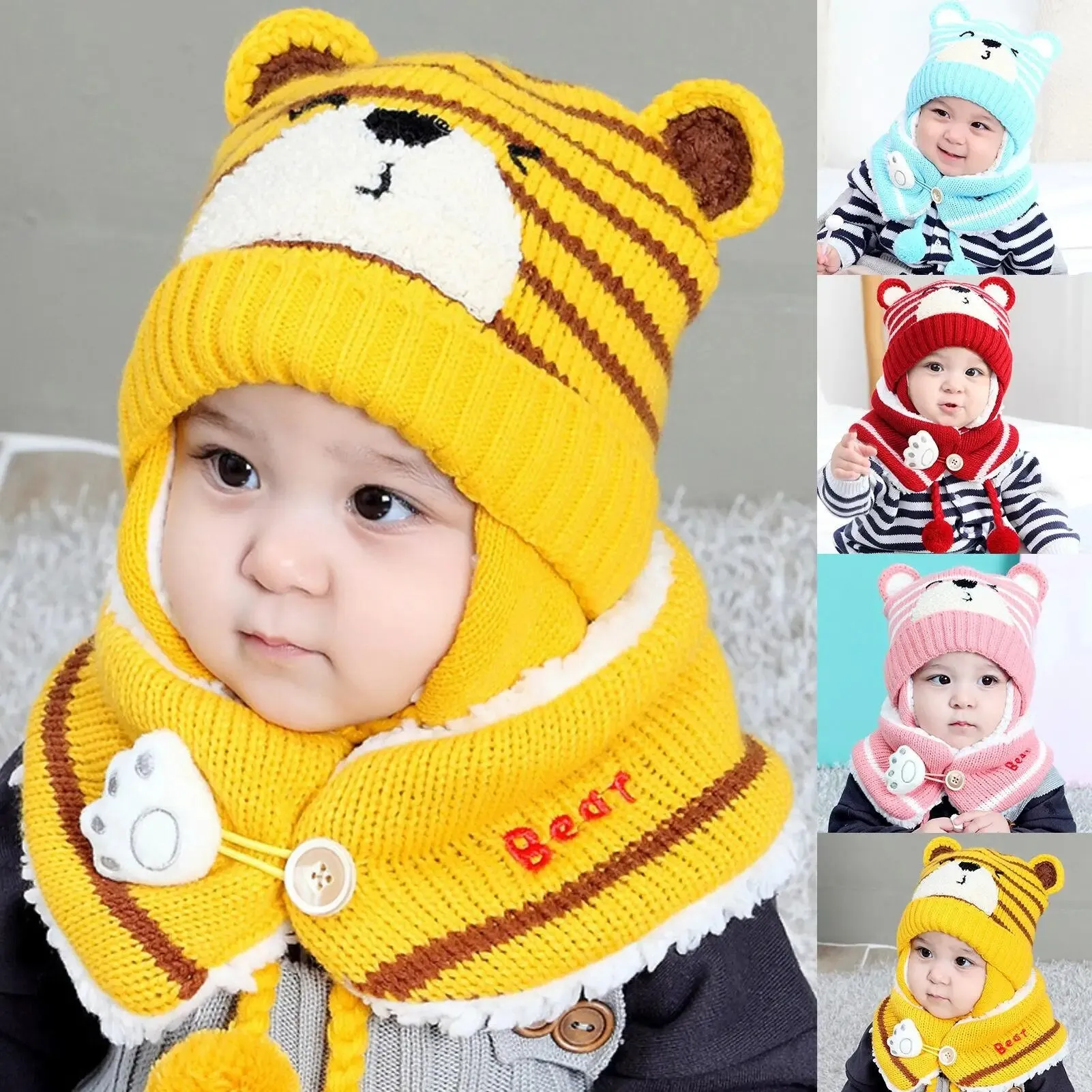 Cartoon Bear Striped Knit Woolen Scarf Cap for Baby