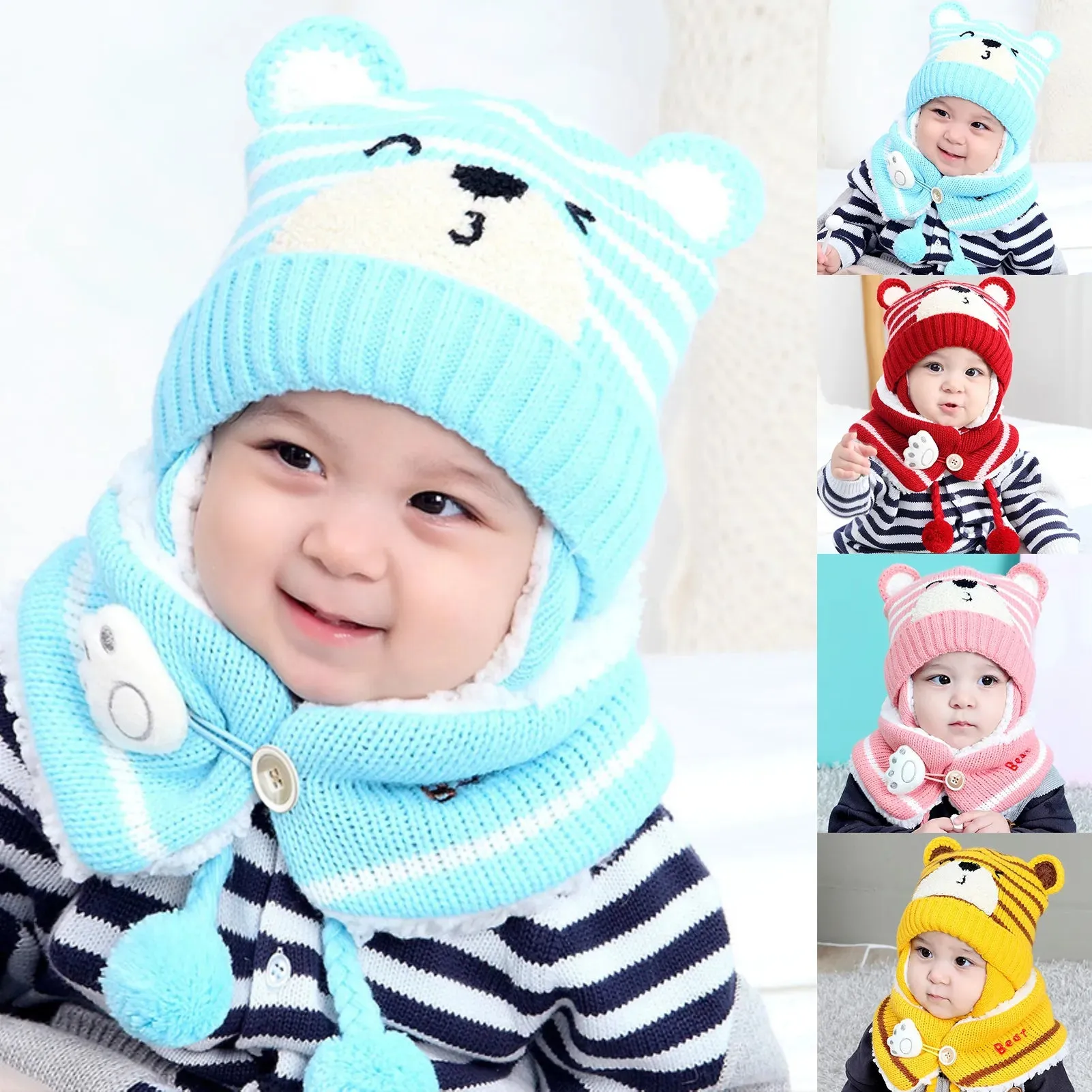Cartoon Bear Striped Knit Woolen Scarf Cap for Baby