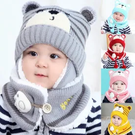 Cartoon Bear Striped Knit Woolen Scarf Cap for Baby