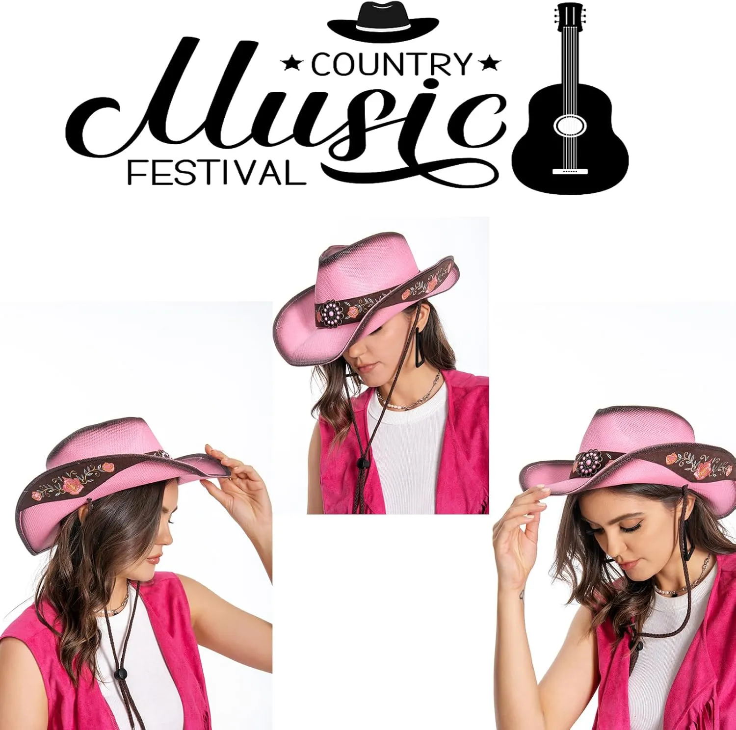Cowboy Hats for Women, Brown Cowgirl Hats Classic Straw Western Hats for Women Music Festival Party Beach.