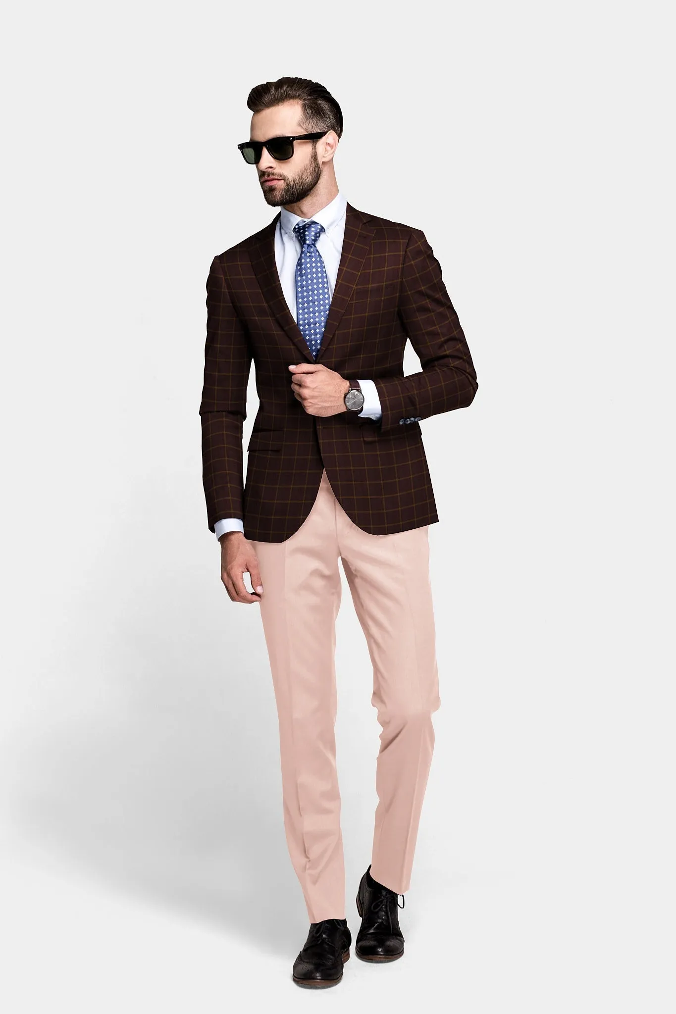 Dark Brown Men's Two Button Dress Party Checks Print Suit Jacket Notched Lapel Slim Fit Stylish Blazer