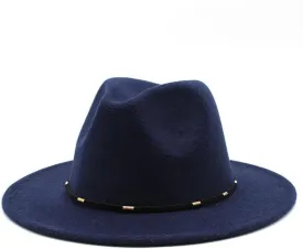 DHAEY Autumn and Winter Woolen British Jazz Hat, European and American Flat Brim Top Hat Four Seasons Versatile Felt Hat Luopan Caps & Hats (Color : Navy, Size : Medium(56-58cm))