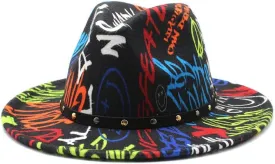 DHAEY New Graffiti Printed Woolen Felt Hat for Men and Women's Top Hat New European and American Jazz Hat Big Brim Felt Hat Luopan Caps & Hats(06)