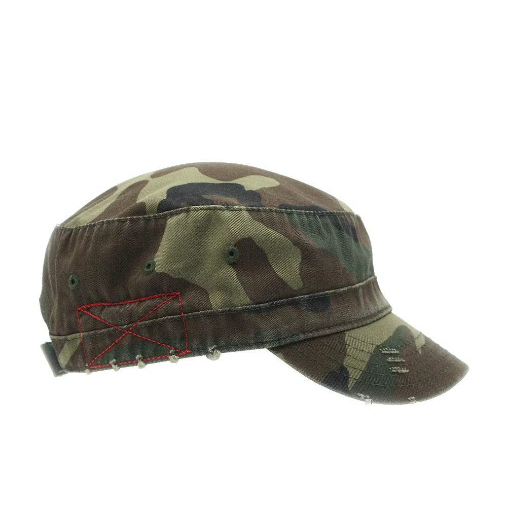Distressed Red Stitch Low Profile Washed Cotton Adjustable Army Cadet Hat