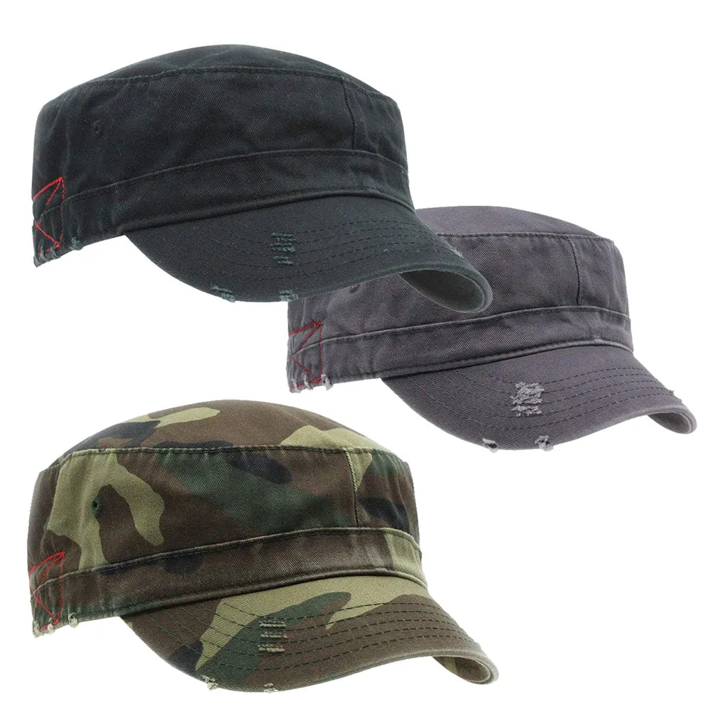 Distressed Red Stitch Low Profile Washed Cotton Adjustable Army Cadet Hat