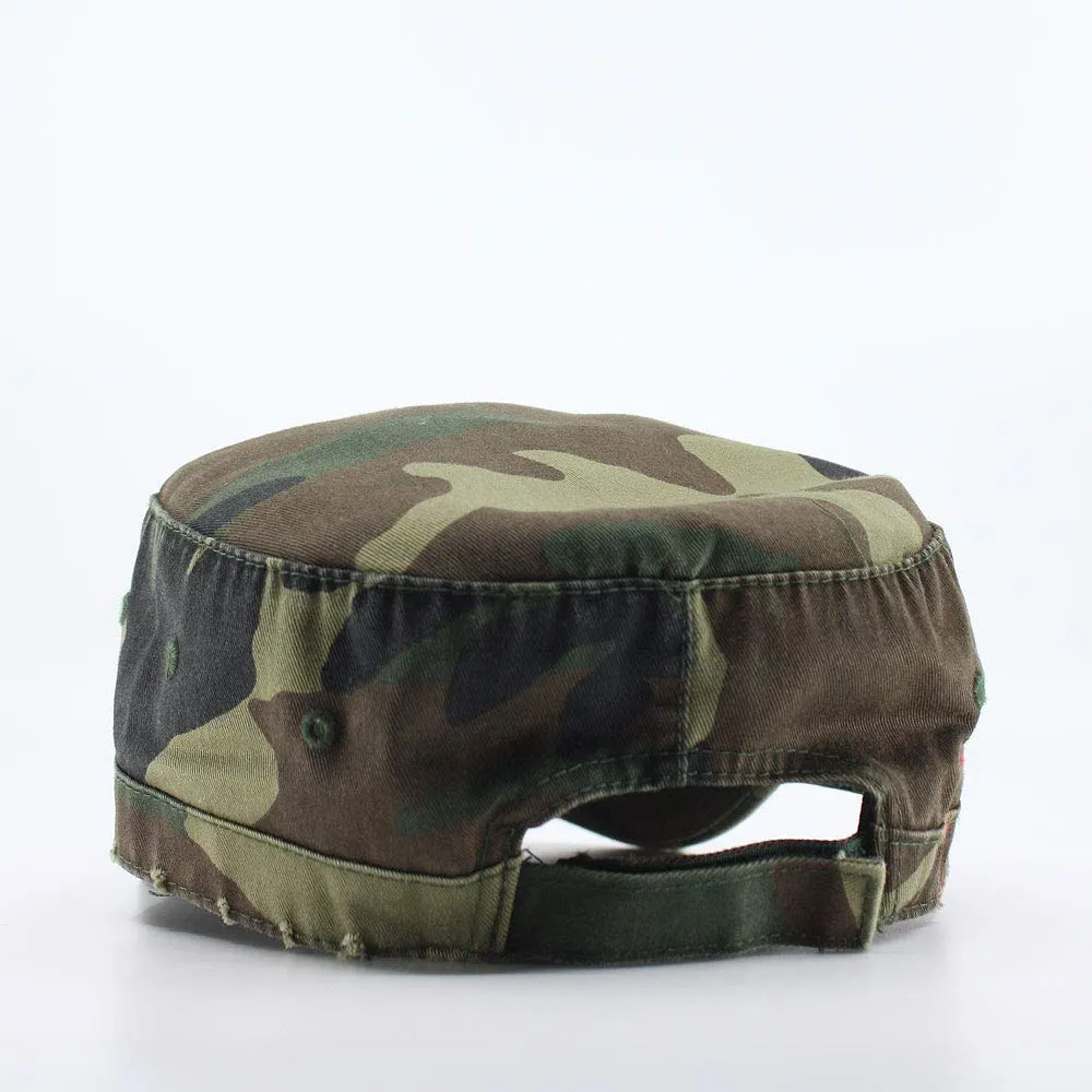 Distressed Red Stitch Low Profile Washed Cotton Adjustable Army Cadet Hat