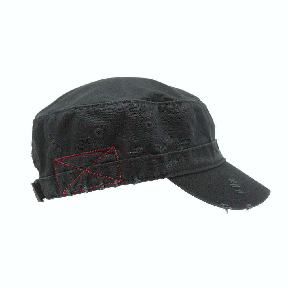Distressed Red Stitch Low Profile Washed Cotton Adjustable Army Cadet Hat
