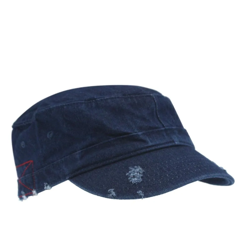 Distressed Red Stitch Low Profile Washed Cotton Adjustable Army Cadet Hat