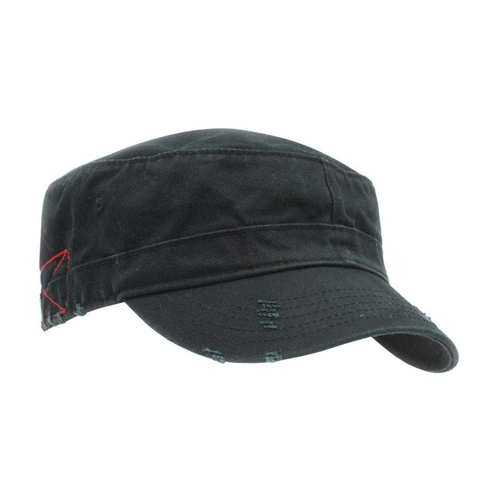 Distressed Red Stitch Low Profile Washed Cotton Adjustable Army Cadet Hat