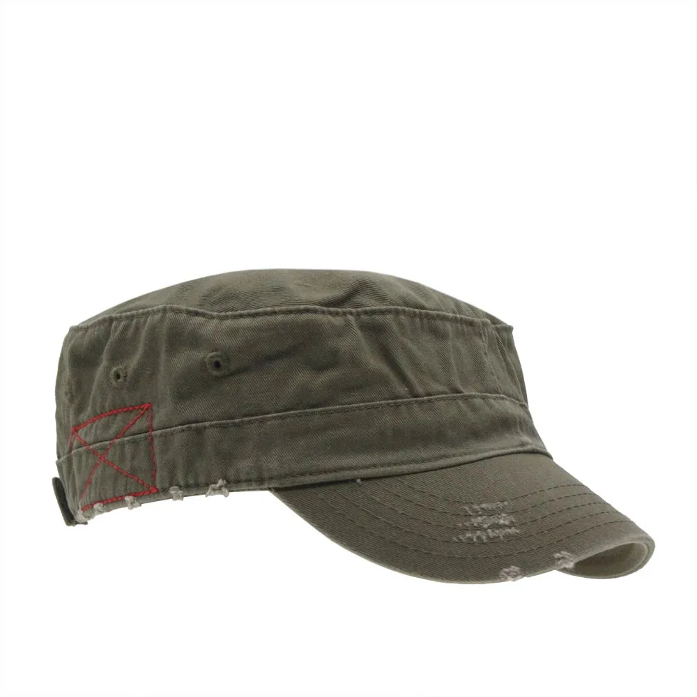 Distressed Red Stitch Low Profile Washed Cotton Adjustable Army Cadet Hat