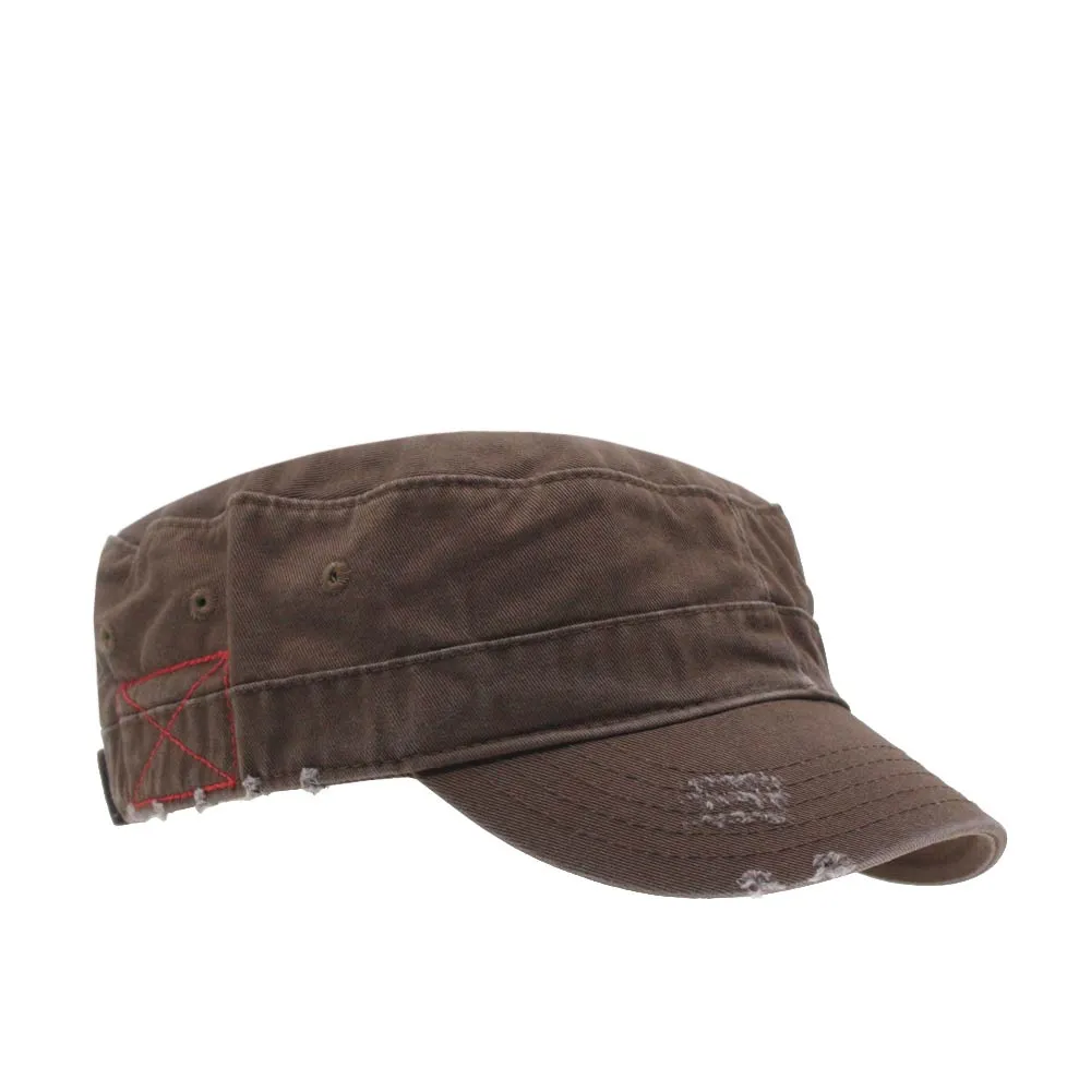 Distressed Red Stitch Low Profile Washed Cotton Adjustable Army Cadet Hat