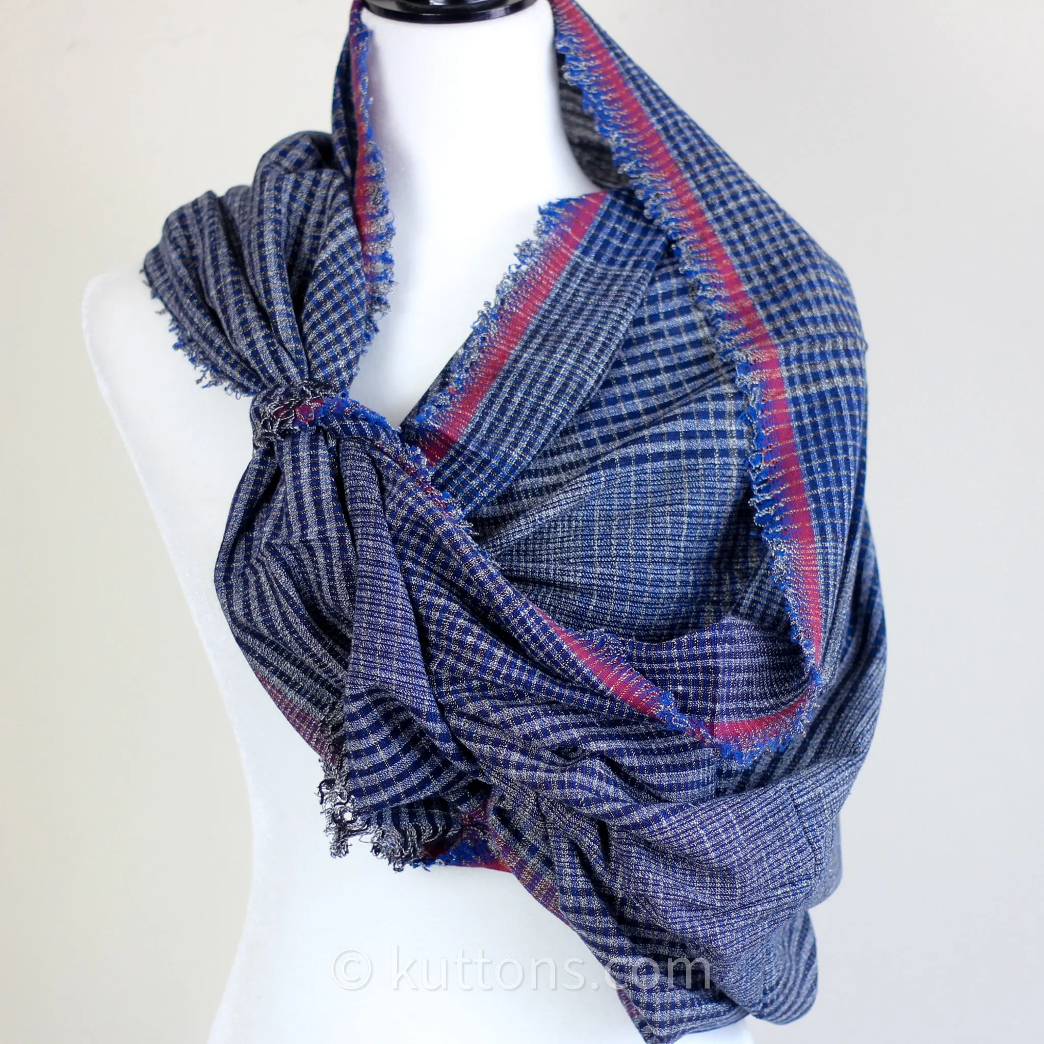Ethically Crafted Cotton Scarf - Hand-Spun, Hand-Woven Artistry with Azo-Free Vat Dyes | Blue-Maroon, 25x78"