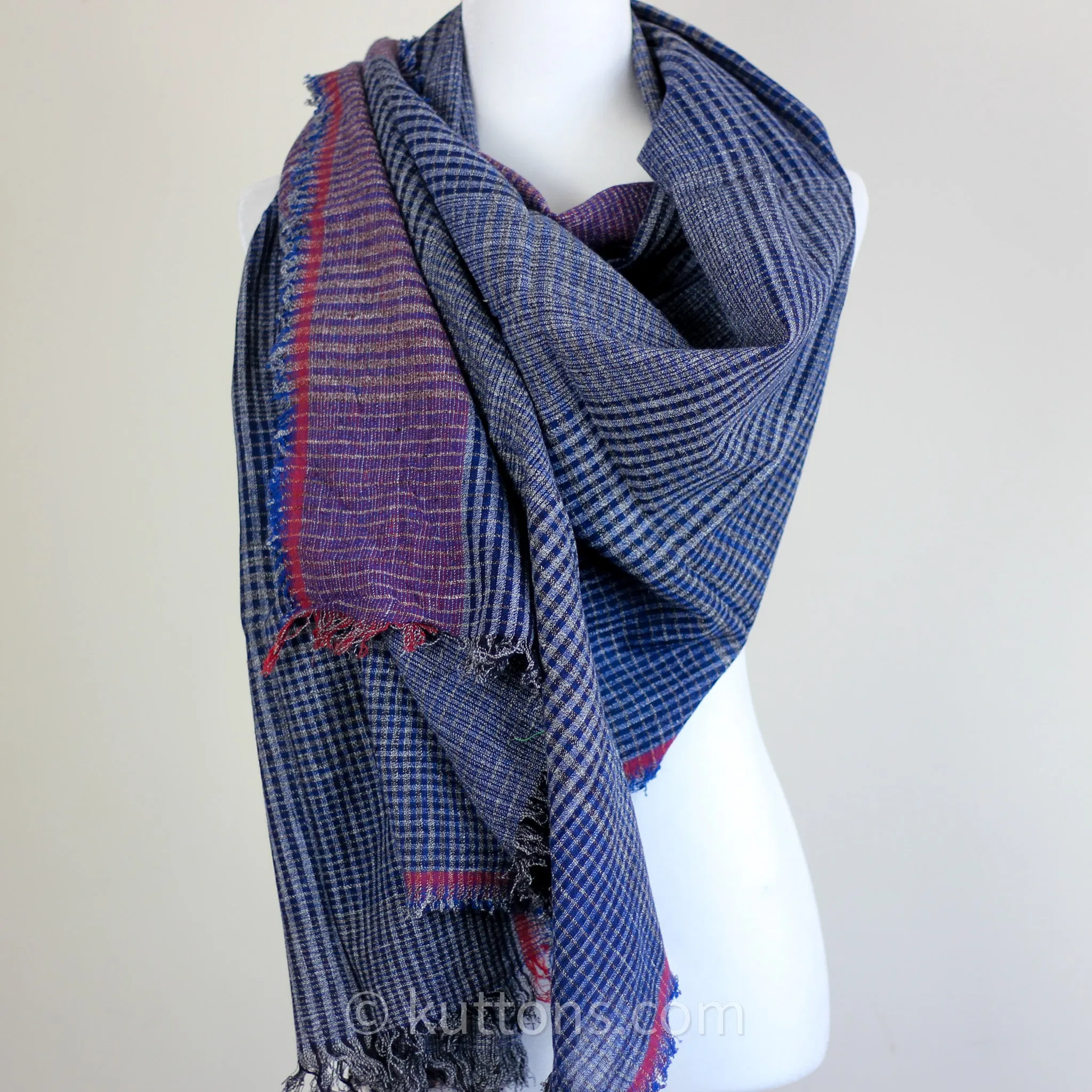 Ethically Crafted Cotton Scarf - Hand-Spun, Hand-Woven Artistry with Azo-Free Vat Dyes | Blue-Maroon, 25x78"