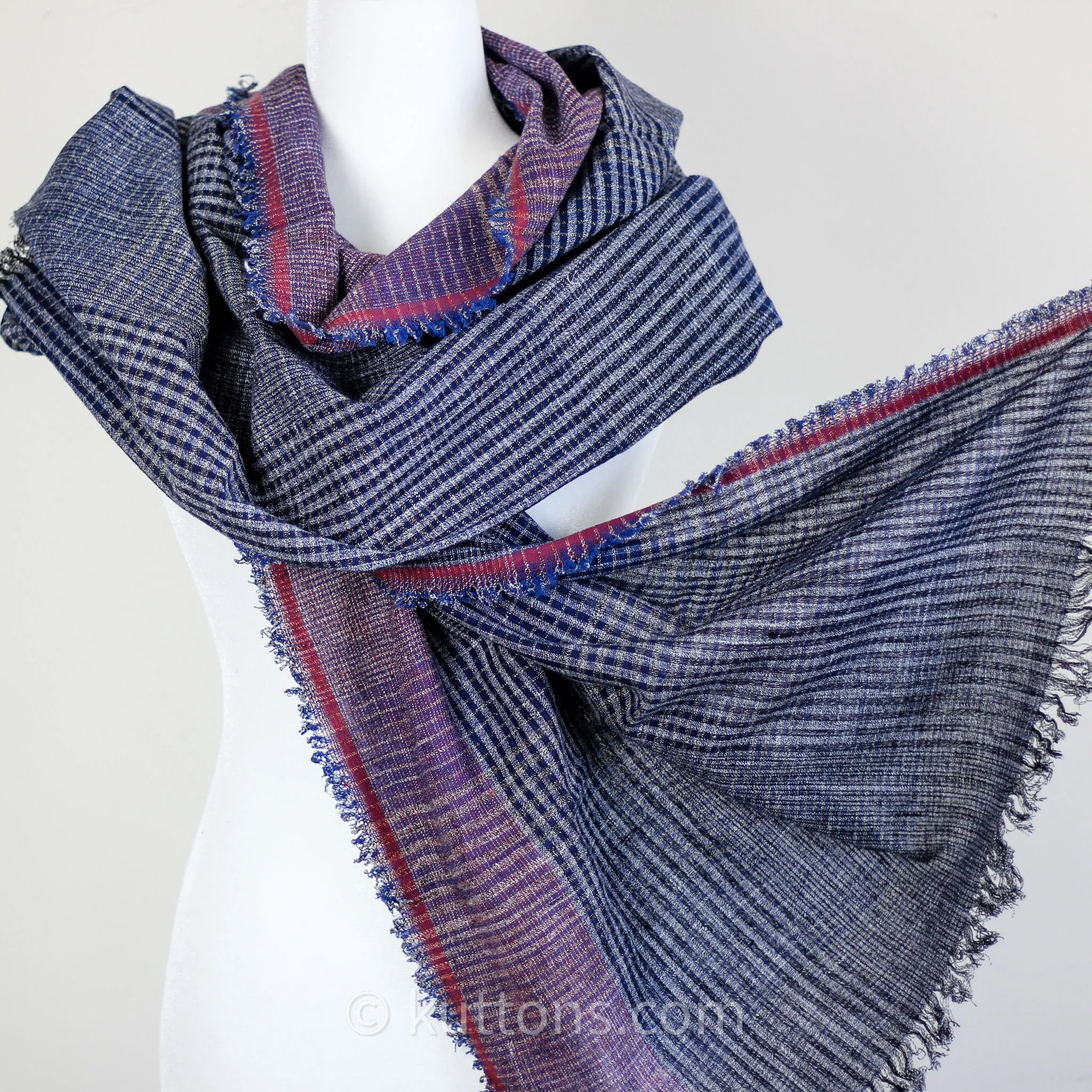 Ethically Crafted Cotton Scarf - Hand-Spun, Hand-Woven Artistry with Azo-Free Vat Dyes | Blue-Maroon, 25x78"