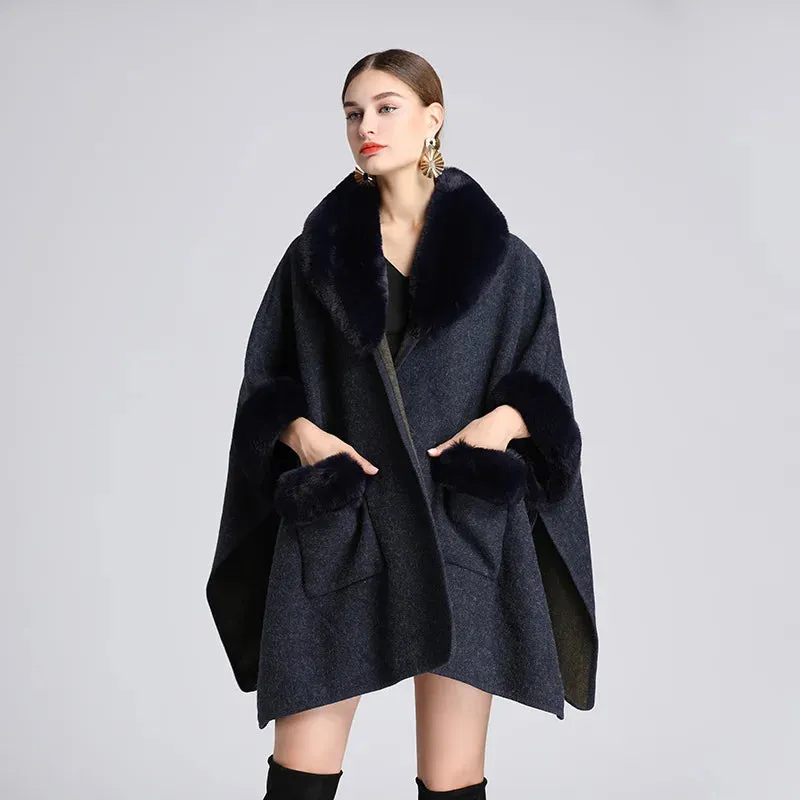 European & American Fashion Loose Woolen Jacket Cardigan for Women – Autumn/Winter Style with Imitation Rabbit Fur Collar