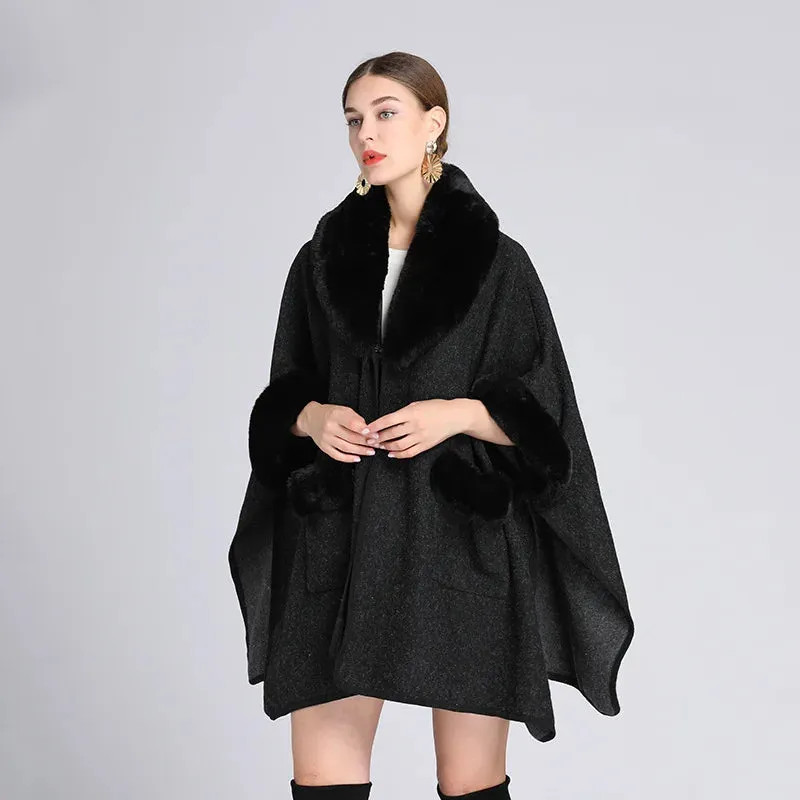 European & American Fashion Loose Woolen Jacket Cardigan for Women – Autumn/Winter Style with Imitation Rabbit Fur Collar