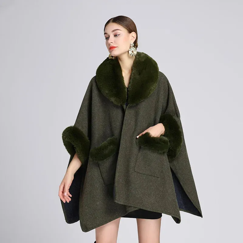 European & American Fashion Loose Woolen Jacket Cardigan for Women – Autumn/Winter Style with Imitation Rabbit Fur Collar