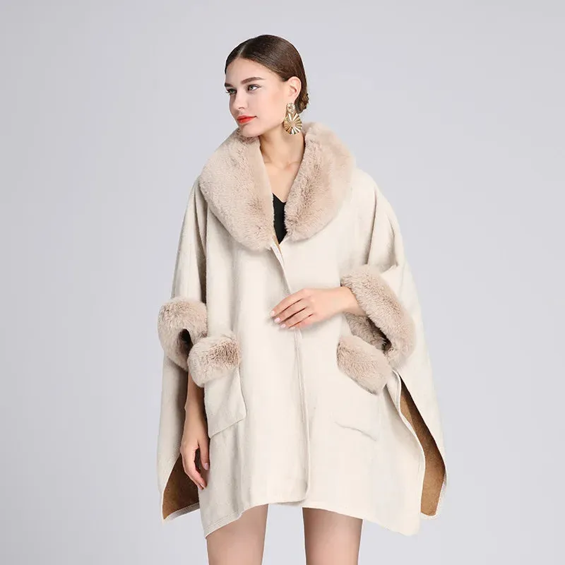 European & American Fashion Loose Woolen Jacket Cardigan for Women – Autumn/Winter Style with Imitation Rabbit Fur Collar
