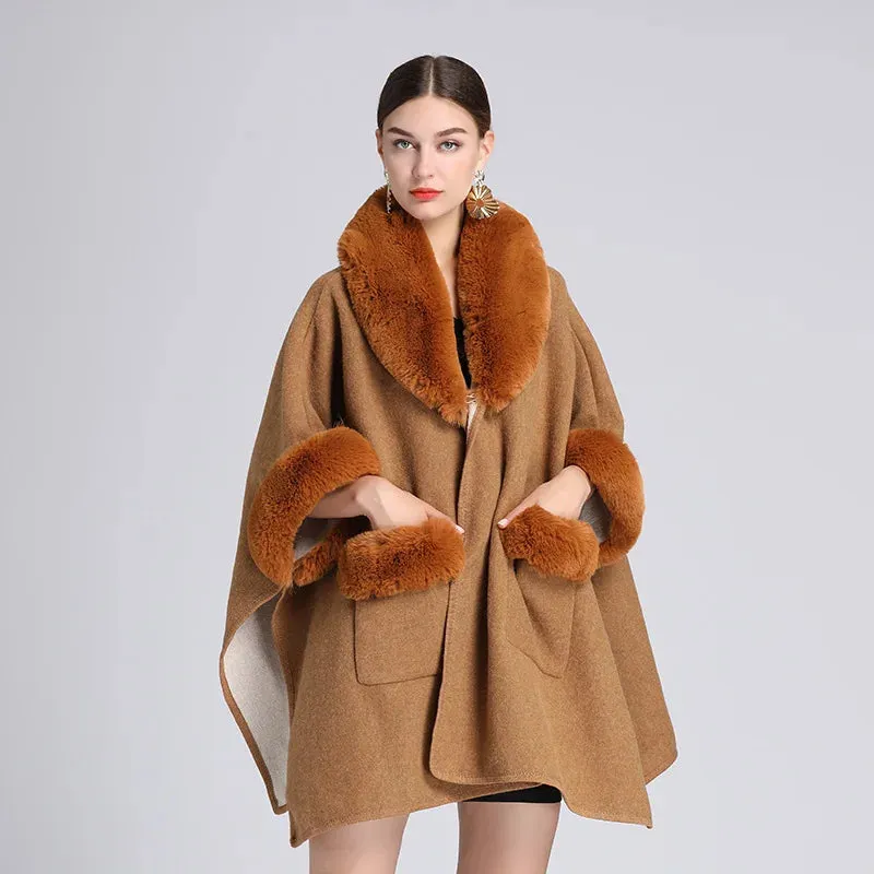 European & American Fashion Loose Woolen Jacket Cardigan for Women – Autumn/Winter Style with Imitation Rabbit Fur Collar