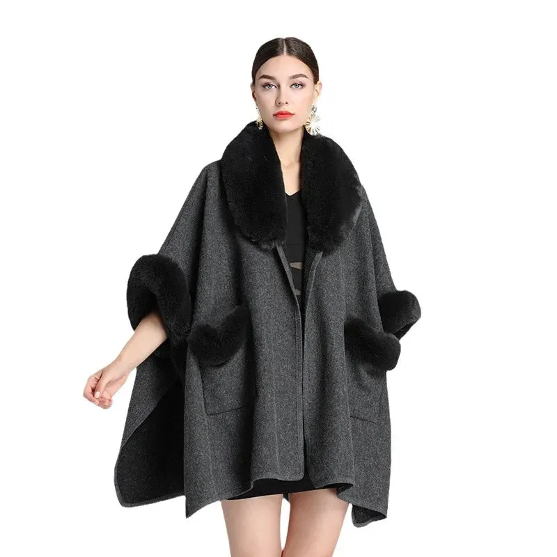 European & American Fashion Loose Woolen Jacket Cardigan for Women – Autumn/Winter Style with Imitation Rabbit Fur Collar