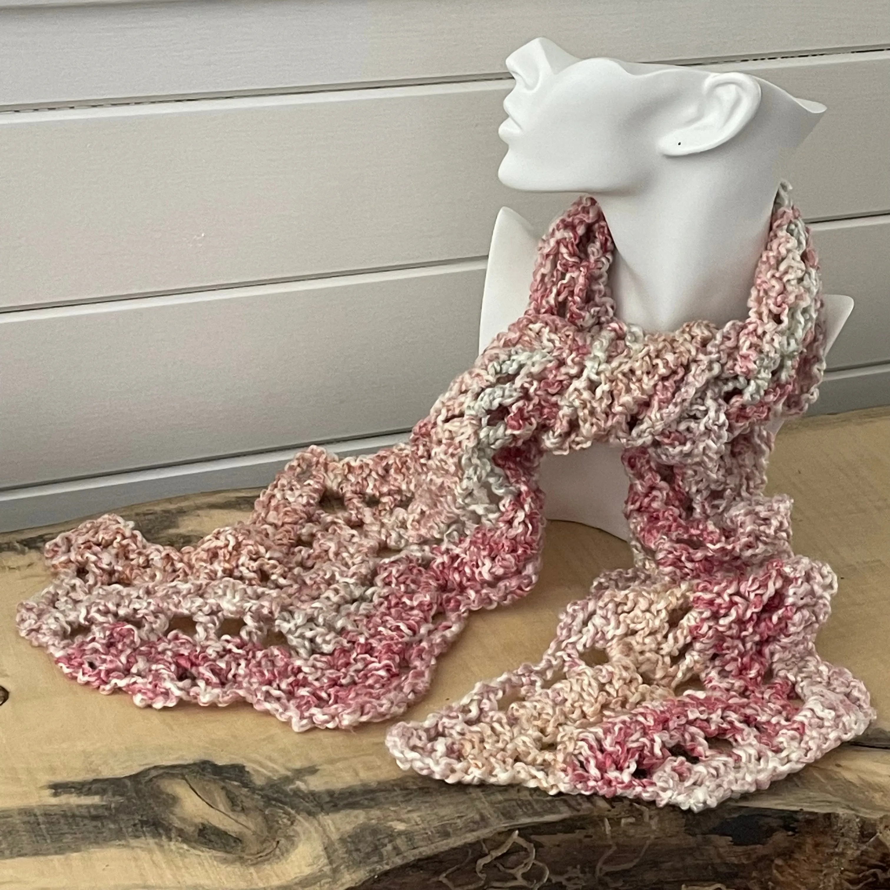 Extra Soft Pastel Pink Green & Cream Marbled Scarf Multicolor Crochet Knit Spring Fall Winter Flirty Geometric Hand Crafted Gift Accessory