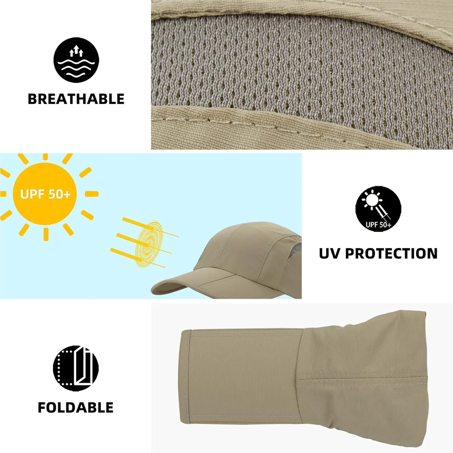 Folding UPF50  Sun Protection Hat, Quick Dry Baseball Cap Portable Adjustable Outdoor Sports Hats for Men, Women