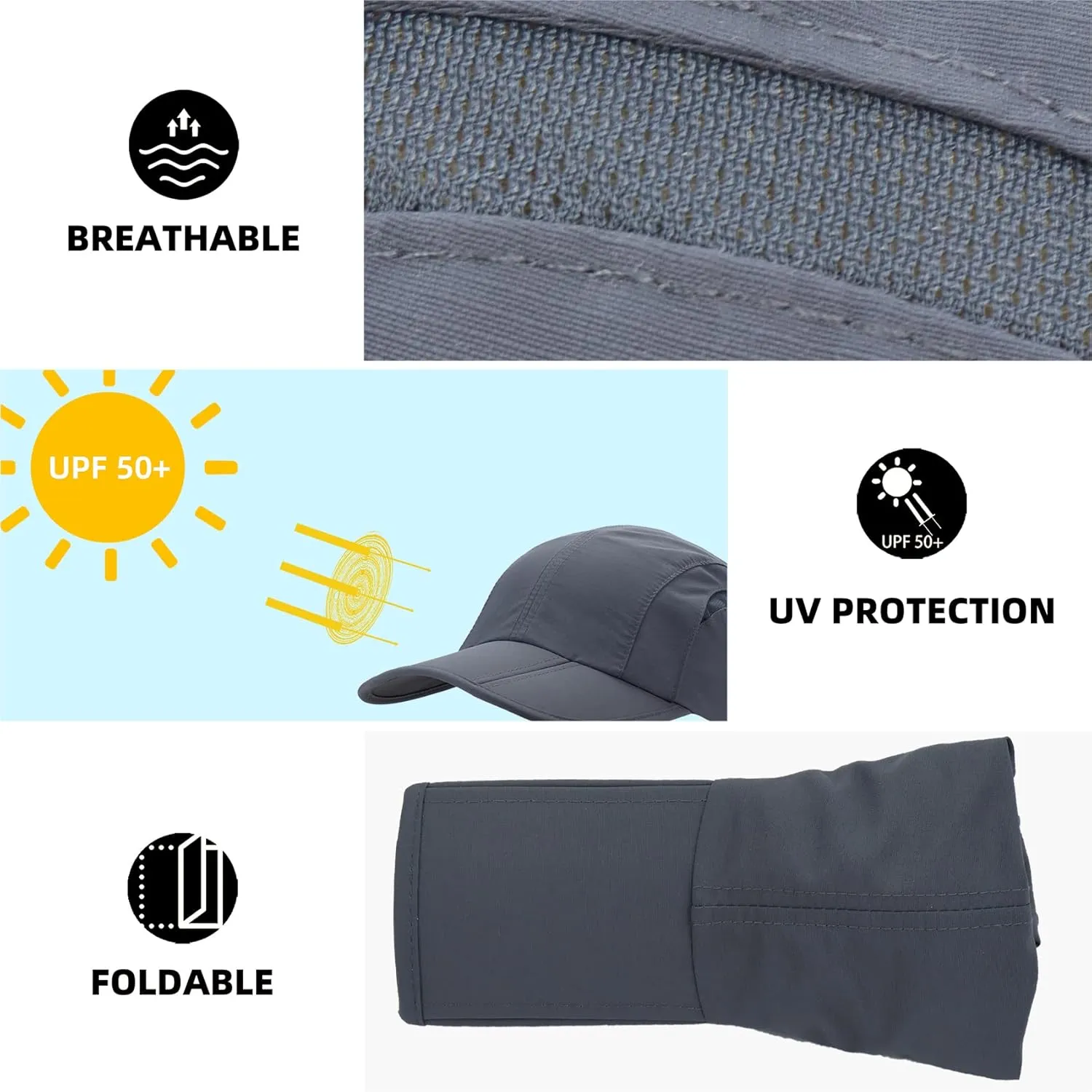 Folding UPF50  Sun Protection Hat, Quick Dry Baseball Cap Portable Adjustable Outdoor Sports Hats for Men, Women