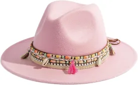 Gossifan Women's Felt Fedora Hat Wide Brim Panama Hats with Tassel