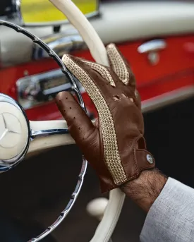 GRAN TURISMO - Leather and Cotton Crochet Driving Gloves - Cognac/Cream