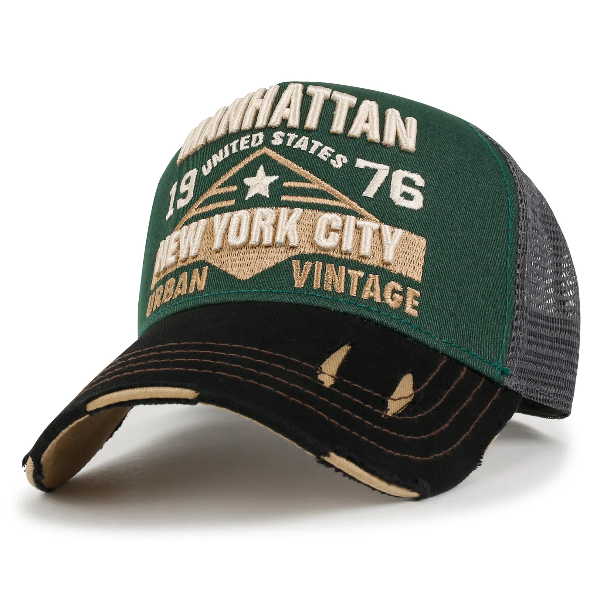 ililily PREMIUM Manhattan Wide Embroidery Trucker Hat Vintage Baseball Cap